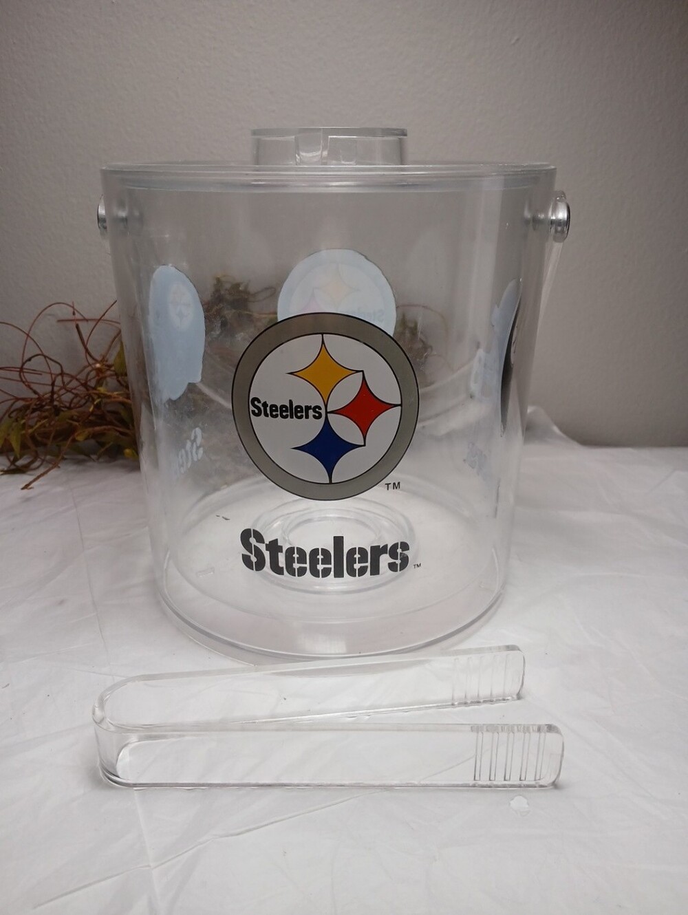 Pittsburgh Steelers Clear Acrylic Ice Bucket with Tongs And Lid Vintage 1980s